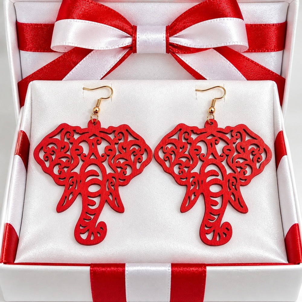 Red Elephant Filigree Cutout Drop Statement Earrings Boho Animal Jewelry